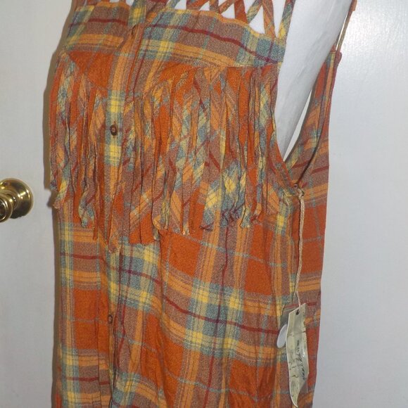 GIMMICKS SIZE X-LARGE RUST ORANGE BUTTON DOWN SLEEVELESS FRINGE SHIRT - Picture 7 of 10